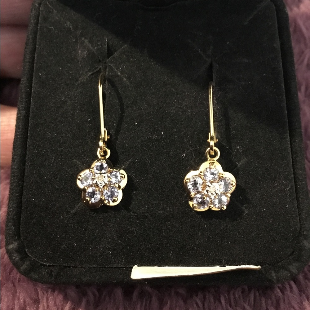 NWOT Vintage 14K Yellow Gold Natural TANZANITE & Diamond Lever-back Earring